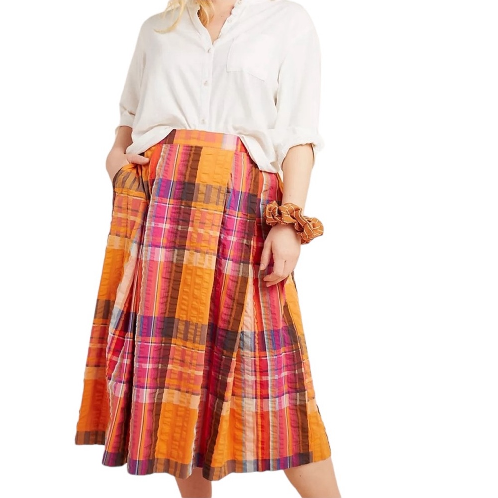 Anthropologie Maeve Pippa plaid pleated midi skirt Anthro size XL orange GUC - Picture 1 of 9